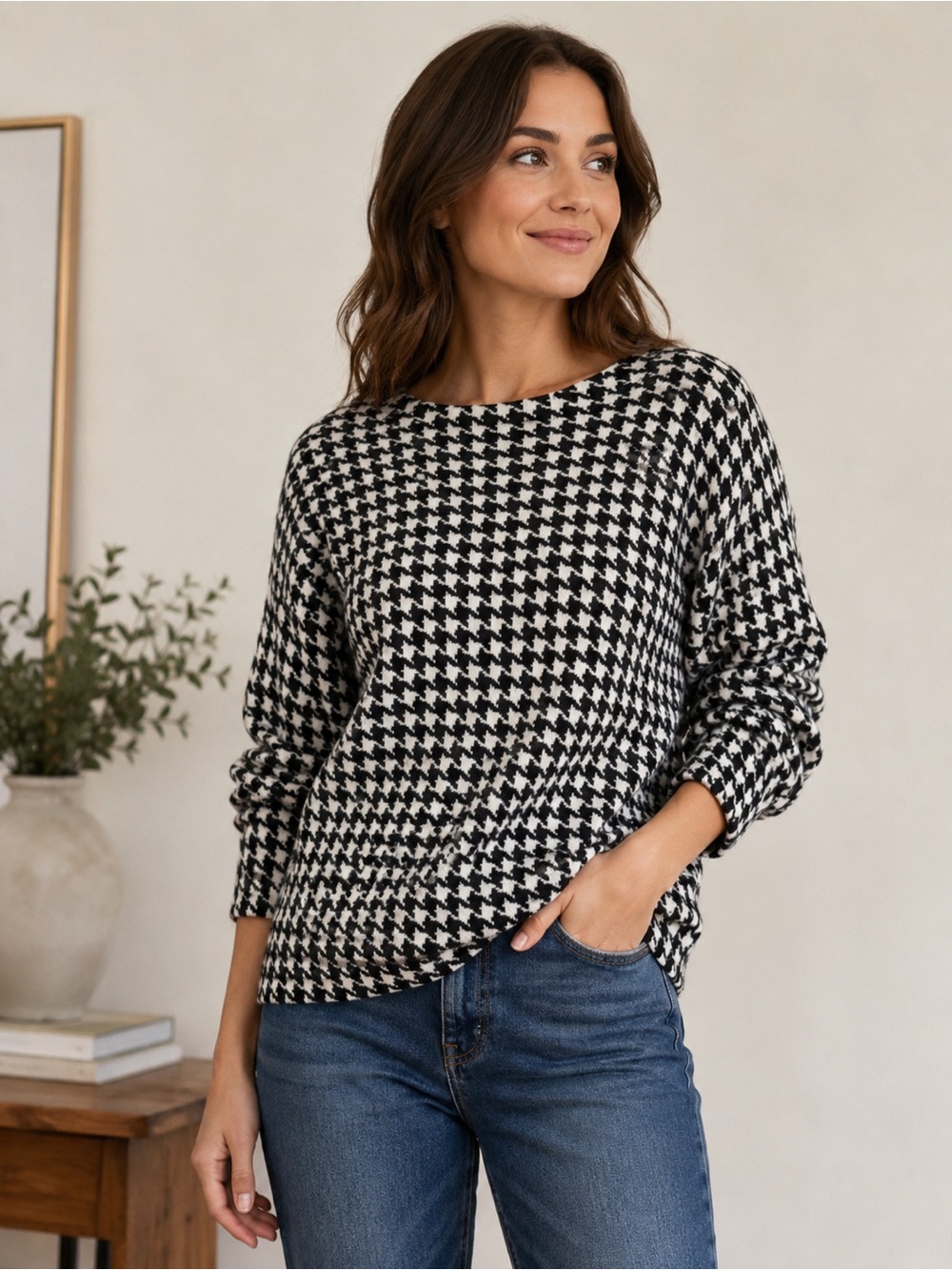 J.Crew Womens Size Small Black White Houndstooth Knit Sweater 3/4 Sleeve, Small